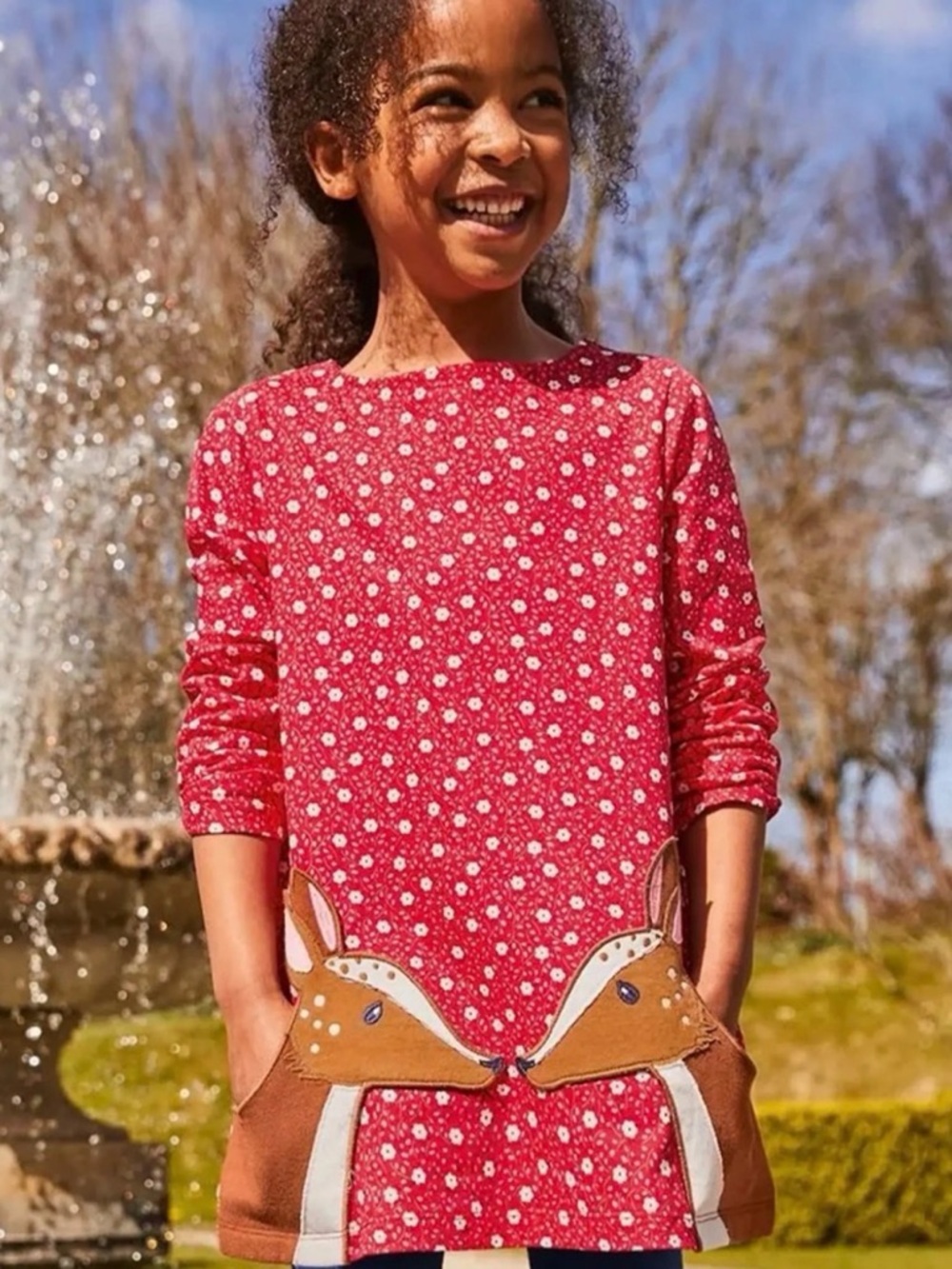 Mini Boden Red Floral Deer Tunic Dress Sz 7-8